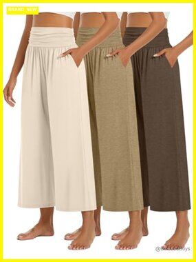 Wide Leg Capri Pants High Waisted Pleated Lounge Yoga Casual